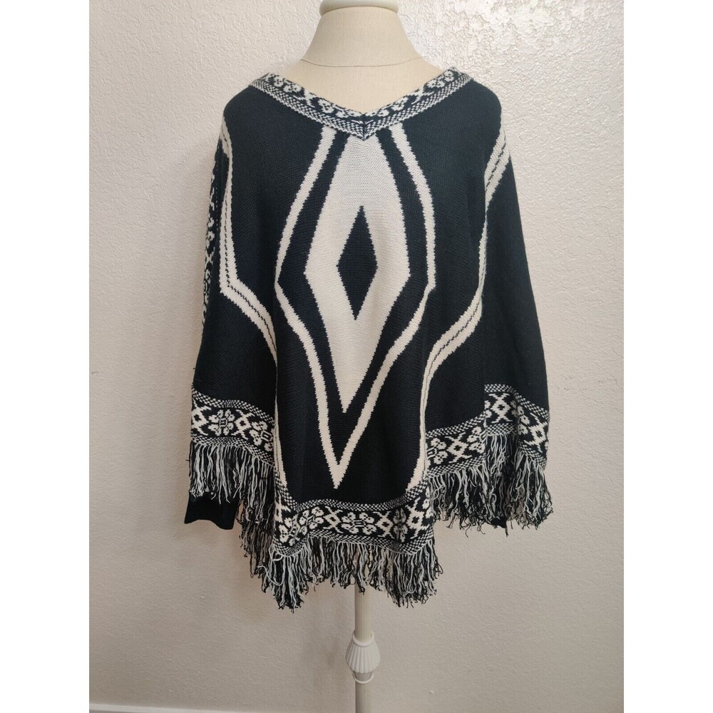 Crece Wool Blend Fringe Poncho Style Sweater M/L